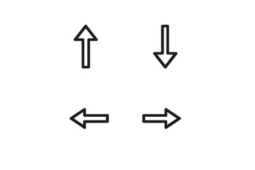 Four white outlined arrows pointing up, down, left, and right are arranged in a square pattern with vertical dotted lines on a black background. Minimalist graphic design for navigation. © Alan