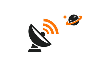 This minimalist vector illustration features a black satellite dish transmitting orange signals toward a ringed planet and a star against a plain white background. © Alan