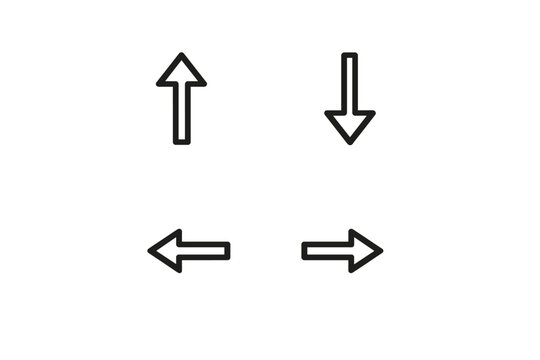 Four white outlined arrows pointing up, down, left, and right are arranged in a square pattern with vertical dotted lines on a black background. Minimalist graphic design for navigation.