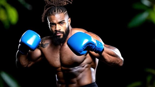 A man with dreadlocks wearing blue boxing gloves