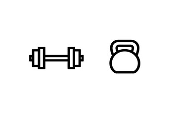 This minimalist graphic illustration depicts a dumbbell and a kettlebell in a simple line art style. The icons represent strength training, fitness, and bodybuilding equipment.