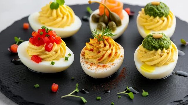 Gourmet deviled eggs platter with vibrant garnishes and fresh herbs