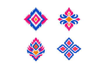 Four vibrant ethnic ikat motifs featuring symmetrical geometric and floral designs in pink, blue, and orange colors set against a solid black background for textile design.