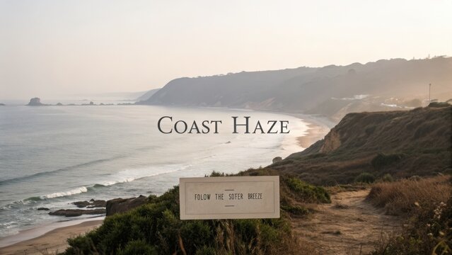 Serene Coastal Scene with Haze and Signage Warning of Gentle Breeze Overlooking the Ocean