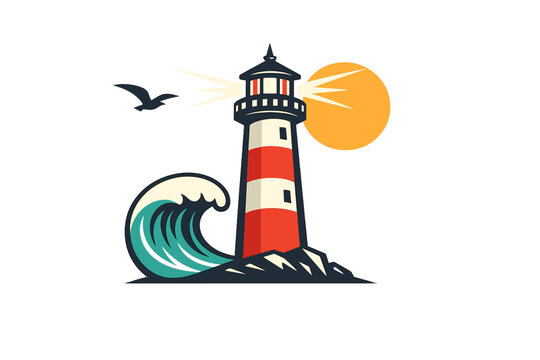 A stylized vector illustration of a red and white striped lighthouse standing on rocks amidst a crashing teal wave, featuring a bright orange sun and a flying seagull on a black background.