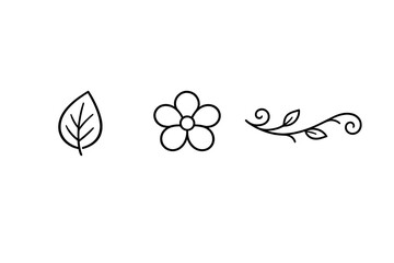 Naklejka premium A collection of three minimalist black line art icons featuring a single leaf, a simple five-petal flower, and a decorative vine with swirls and small leaves on a white background.