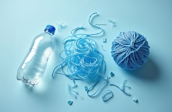 Empty plastic bottle beside blue yarn ball and tangled threads. Recycled polyester fiber material transformation concept. Eco-friendly material synthesis.