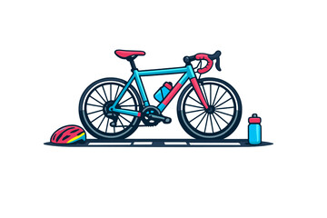Fototapeta premium A stylized flat vector illustration of a modern road bicycle with a helmet and water bottle on a dark background. The bike features a blue frame with pink accents and drop handlebars.