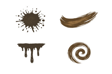 A collection of four brown textured artistic elements featuring a splatter, a curved stroke, a dripping edge, and a spiral design isolated on a dark black background.