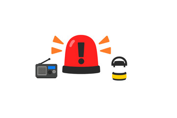 Obraz premium A flat illustration of emergency equipment including a red siren with an exclamation mark, a portable radio, and a yellow lantern, all set against a solid black background.