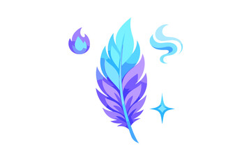 Fototapeta premium A stylized digital illustration of a glowing blue and purple feather surrounded by magical symbols including a flame, a swirl, and a star on a solid black background.