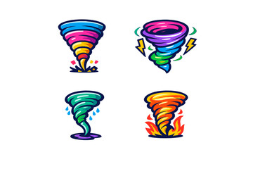 Fototapeta na wymiar Four stylized tornado illustrations featuring vibrant colors and elemental themes such as fire, water, and electricity, set against a solid black background in a vector style.