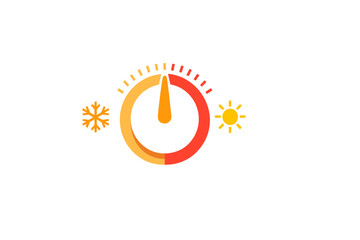 This vector illustration shows a circular thermostat dial with a needle. It includes a snowflake icon for cooling and a sun icon for heating, set against a solid black background.