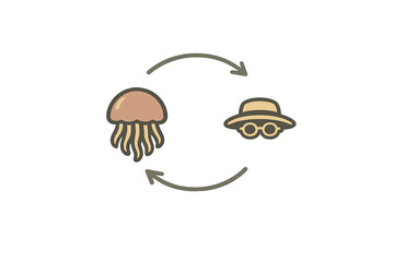 A minimalist vector illustration featuring a jellyfish and a hat with glasses connected by two circular arrows on a black background, representing a cycle or transformation. © icon_art