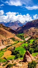 Sunny aerial view of a vibrant valley, with fields nestled between rocky hills and distant snowy mountains