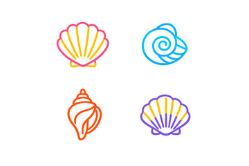 A set of four colorful seashell icons featuring a scallop, a spiral snail shell, and a conch shell. The minimalist line art is presented in vibrant neon colors on a black background. © icon_art