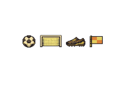 A collection of four pixel art icons featuring a soccer ball, a goal post, a sports shoe, and a checkered flag, all rendered in a retro gaming style on a black background.
