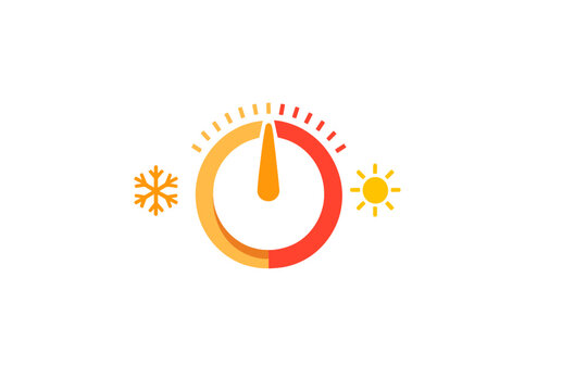 This vector illustration shows a circular thermostat dial with a needle. It includes a snowflake icon for cooling and a sun icon for heating, set against a solid black background.