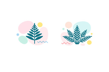 Two minimalist vector illustrations of teal fern leaves set against abstract pastel shapes and a solid black background. The design features a clean, modern aesthetic. © Alan