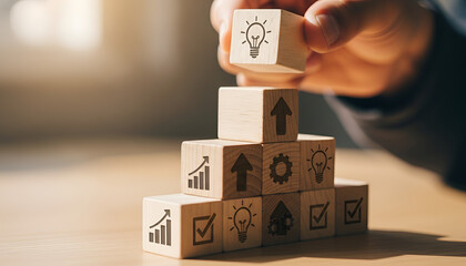 Fototapeta premium Illuminated Strategy: Light Bulb Block Top of Growth Icon Pyramid