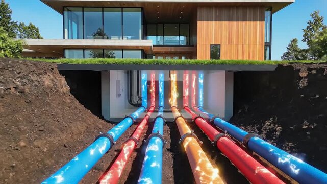 Modern sustainable residence featuring advanced underground geothermal heat pump system for ecological climate control and renewable energy efficiency in a contemporary architectural setting