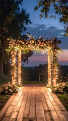 Obraz premium Enchanting outdoor wedding arch illuminated by warm string lights at twilight.