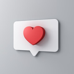 3d red love like heart social media notification icon pin on grey wall background with shadow minimal conceptual 3D rendering