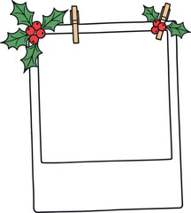 Fototapeta premium Blank Christmas Photo Frame with Holly Berries and Clothespins for Holiday Greeting Card Design