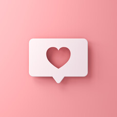 Love like heart hole shape white paper cut social media notification pin icon or heart hole speech bubble on pink pastel color wall background with shadow minimal conceptual 3D rendering