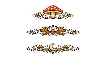 Three decorative nature-themed dividers featuring a red fly agaric mushroom, an acorn with crossed twigs, and a crescent moon with small mushrooms on a black background. © icon_art