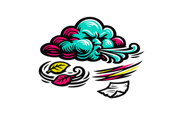 Obraz premium A stylized graphic illustration of an anthropomorphic cloud with a face blowing a strong gust of wind, scattering colorful leaves and papers against a solid black background.
