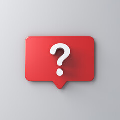 3d white question mark in social media notification icon in red rounded square pin isolated on grey wall background with shadow 3D rendering