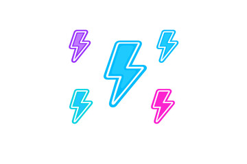 Five colorful neon lightning bolt icons are arranged on a solid black background. The central bolt is larger and blue, while the surrounding smaller bolts are purple, cyan, and pink.