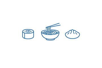 A minimalist illustration featuring blue line icons of a sushi roll, a bowl of ramen noodles with chopsticks, and a dumpling, all set against a solid black background. © icon_art
