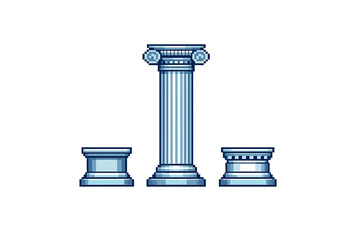 Obraz premium A pixel art illustration featuring three classical architectural elements including a tall Ionic column and two shorter pedestals, rendered in shades of blue on a black background.