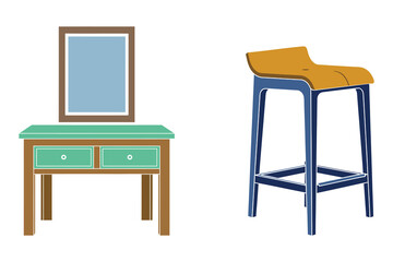 Fototapeta premium Wooden Table and Bar Stool Furniture Icon Set in Flat Vector Illustration