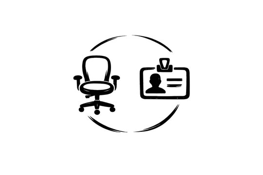 A black and white line art illustration featuring an office chair and an identification badge enclosed within circular arrows, symbolizing a recruitment or employment cycle.