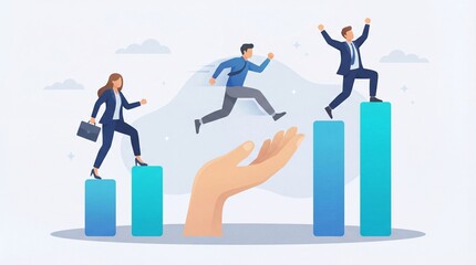 Fototapeta premium Business Professionals Advancing on Growth Bar Chart with Supportive Hand Representing Career Development, Leadership Support, Corporate Success Strategy and Performance Improvement, Flat Illustration