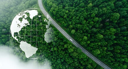 Eco friendly road trip around the world with a sustainable grid on a green forest background