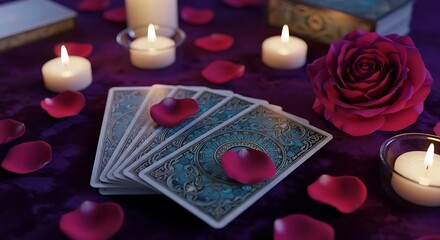 Tarot cards with rose petals and candles on purple background mystical and romantic setup for fortune telling and divination