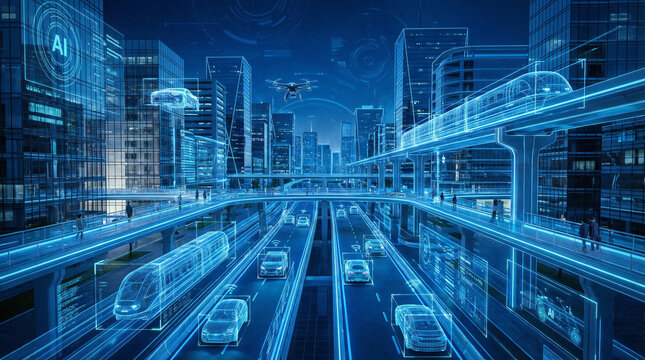 A futuristic smart city concept showing AI-powered vehicles, drones, and elevated trains integrated into a high-tech urban environment.