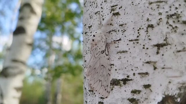 A white American butterfly perches on a birch tree. The American white butterfly, Hyphantria cunea Drury, is a dangerous pest.