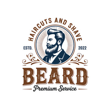 Vintage barbershop logo featuring a bearded man and classic typography