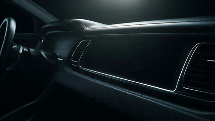 Car interior dashboard mockup template displayed in a dark environment with dramatic lighting