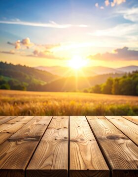 Wooden table foreground against a vibrant sunset over rolling hills and a golden field.