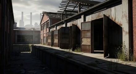 Fototapeta premium Row of Abandoned Industrial Warehouses with Open Doors and Distant Power Plant, Representing Urban Decay and Neglected Factories