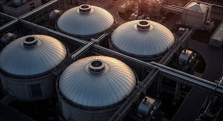 Obraz premium Aerial view of large industrial brewery tanks with metallic domed roofs and complex piping systems at sunrise or sunset