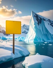 Sunny arctic landscape with a blank yellow sign and iceberg formations against a blue sky and snow
