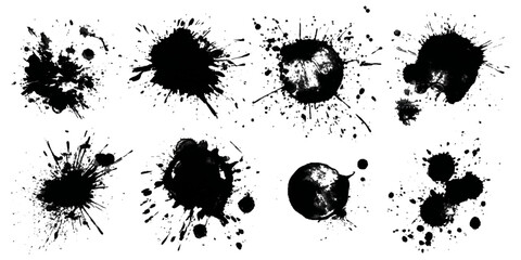 Black grungy paintbrush strokes collection with distressed splashes stains scratch. vector decorative banner template graphic background design set.
