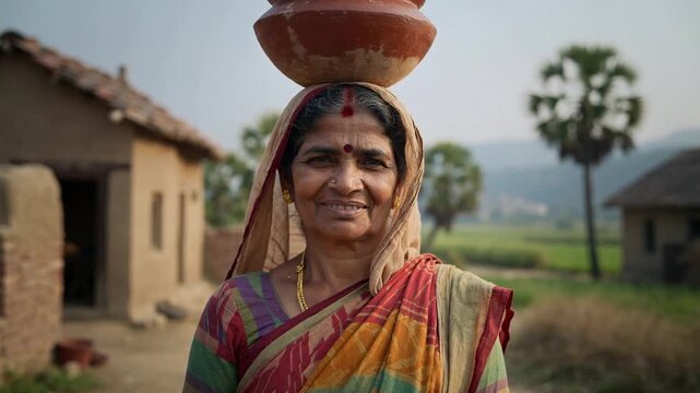 Portrait of rural Indian woman in saree carrying water matka on head, warm smile with shallow depth of field, authentic village lifestyle scene, 4k video footage